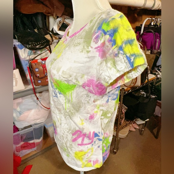 DKNY pink yellow blue multi colored designer shirt top round neck NWT - Picture 6 of 6